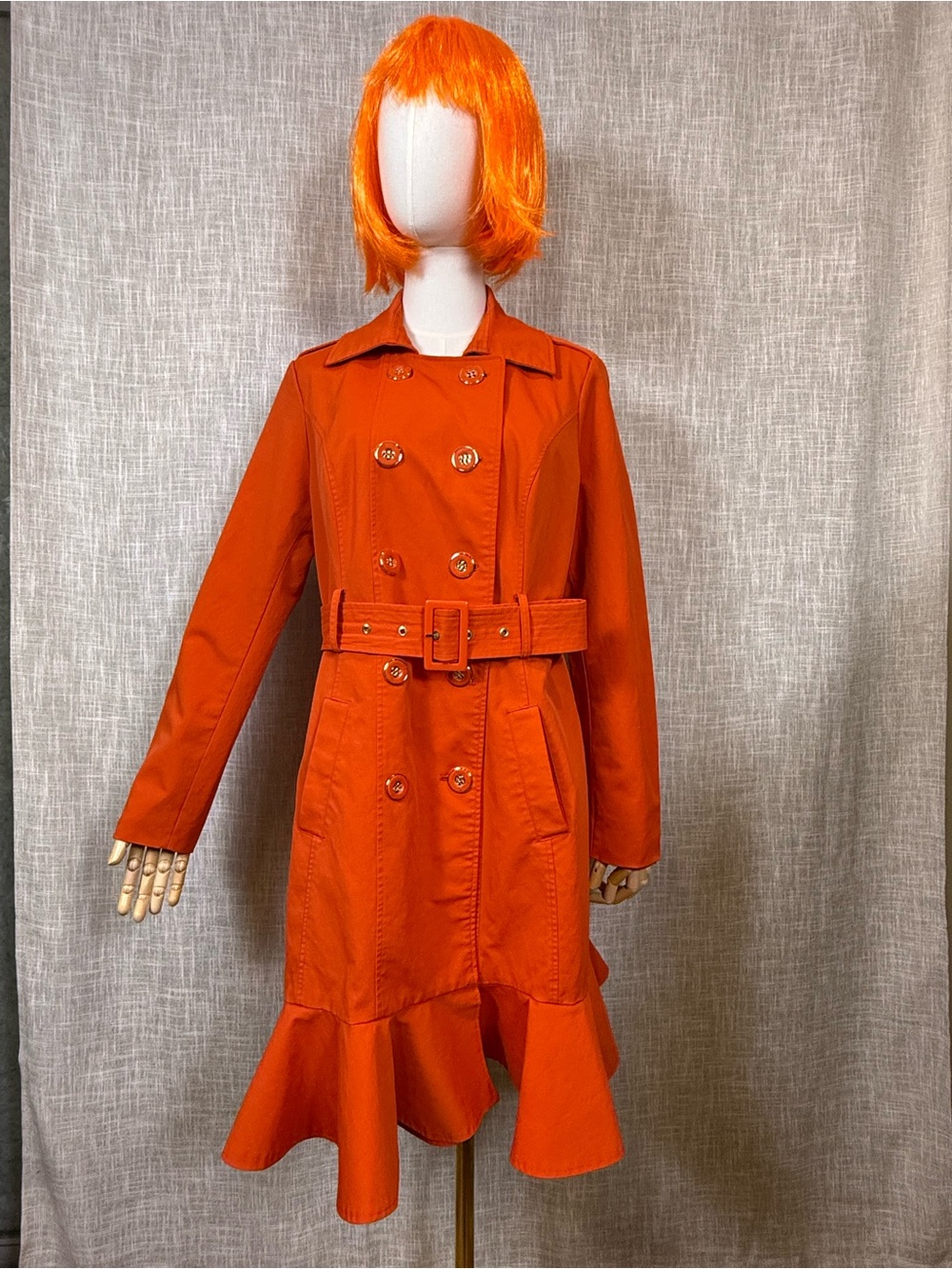 Bright Orange Ruffle Hem Trench Coat